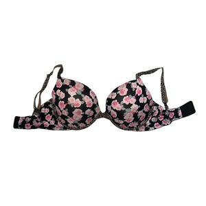 Victoria's Secret Black w/ Pink Rose Print Push-Up Bra Women's 38DDD